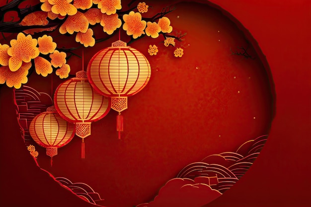 Fundo de Ano Novo Chinês com Mockup de Espaço para Cópia Fundo Vermelho China Holiday generativo ai