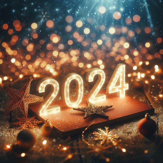 Fundo de Ano Novo Feliz Livre Dentro da Luz Bokeh e Fundo de Efeito de Texto de 2024