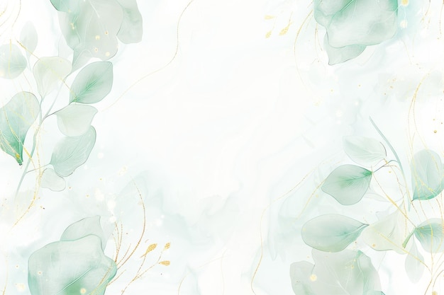 Fundo de aquarela abstrato com linhas douradas e folhas