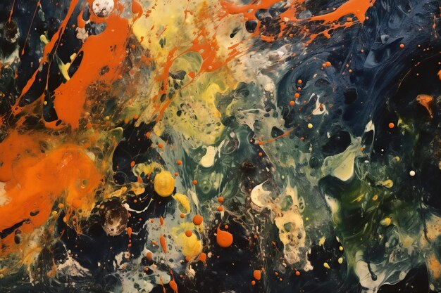 Fundo de aquarela abstrato com salpicos laranja, amarelo e azul.