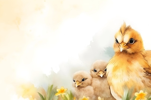 fundo de aquarela de mãe galinha e filhotes com pintura de flores para animais de estimação aves de capoeira fazenda de aves