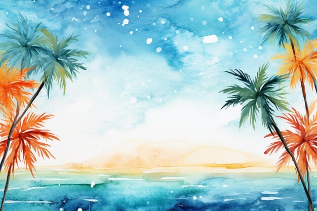 Foto fundo de aquarela de verão tropical com galhos de palmeiras e estrelas-do-mar