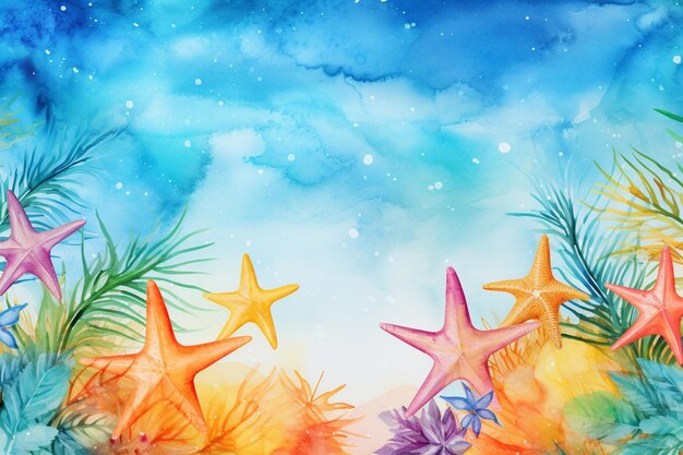 Foto fundo de aquarela de verão tropical com galhos de palmeiras e estrelas-do-mar