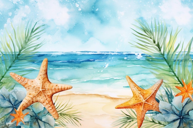 Foto fundo de aquarela de verão tropical com galhos de palmeiras e estrelas-do-mar