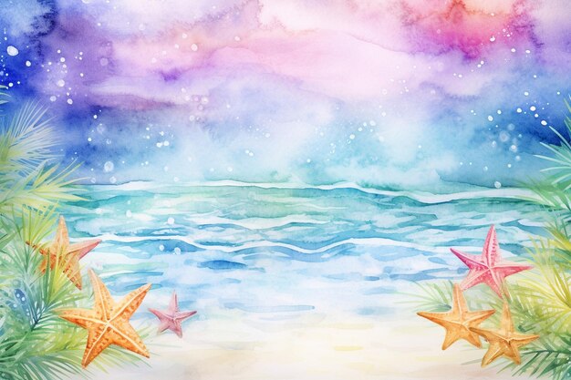 Fundo de aquarela de verão tropical com galhos de palmeiras e estrelas-do-mar