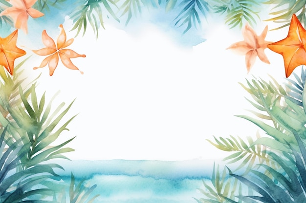 Fundo de aquarela de verão tropical com galhos de palmeiras e estrelas-do-mar