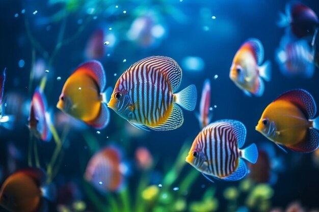 Foto fundo de aquário colorido com peixes tropicais água doce peixe-anjo disco tetra plantas aquáticas