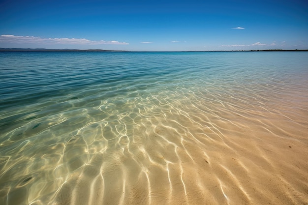 Fundo de areia de águas azuis claras e praia dourada no horizonte criado com ai generativo