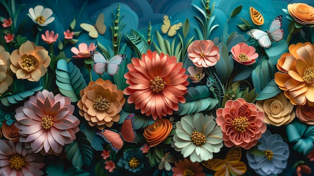 Fundo de arte abstrata com flores de papel coloridas e borboletas