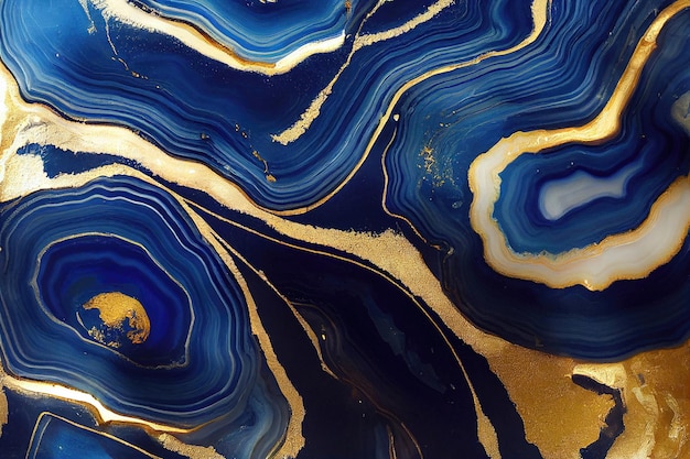 Fundo de arte abstrata com uma textura fluida de mármore azul e ouro Esplêndida ilustração 3D arte abstrata de luxo na técnica de tinta de álcool Padrão de redemoinho de onda dourada brilhante em um fundo azul