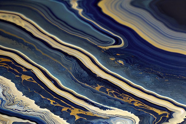 Fundo de arte abstrata com uma textura fluida de mármore azul e ouro Esplêndida ilustração 3D arte abstrata de luxo na técnica de tinta de álcool Padrão de redemoinho de onda dourada brilhante em um fundo azul