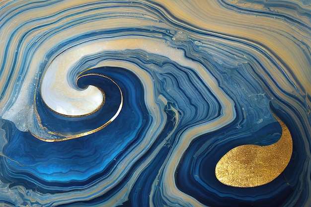 Fundo de arte abstrata com uma textura fluida de mármore azul e ouro Esplêndida ilustração 3D arte abstrata de luxo na técnica de tinta de álcool Padrão de redemoinho de onda dourada brilhante em um fundo azul
