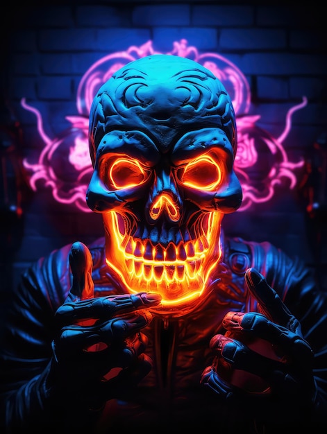 Foto fundo de arte de parede com iluminação de caveira de halloween gerado por inteligência artificial