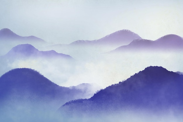 Fundo de arte de pintura de tinta chinesa com vista de paisagem de montanha e nevoeiro enevoado