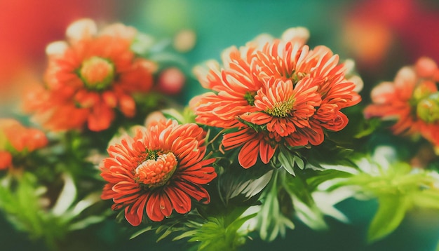 Fundo de arte digital floral fresco com flores de crisântemo em folhagem vibrante vermelha e laranja