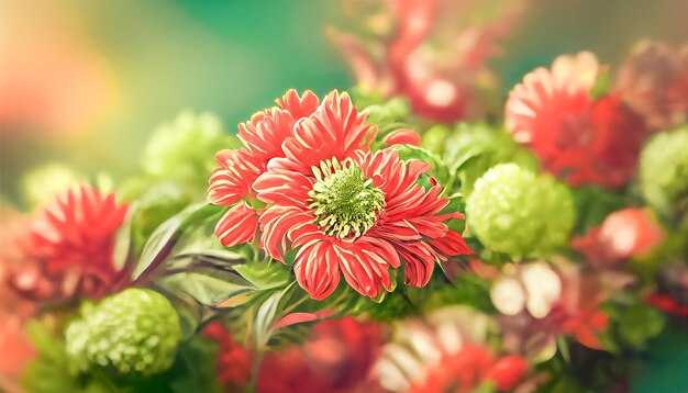 Fundo de arte digital floral fresco com flores de crisântemo em folhagem vibrante vermelha e laranja