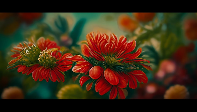 Fundo de arte digital floral fresco com flores de crisântemo em folhagem vibrante vermelha e laranja