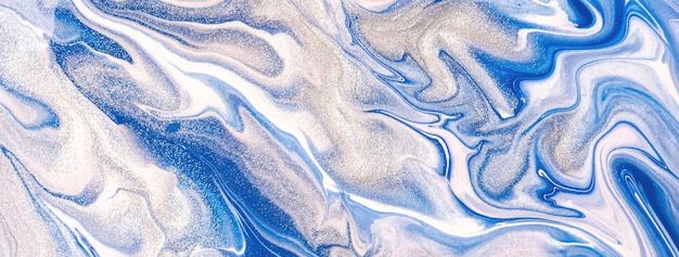 Fundo de arte fluida abstrata cores azuis e brancas Pintura acrílica em mármore líquido com brilho prateado e gradiente