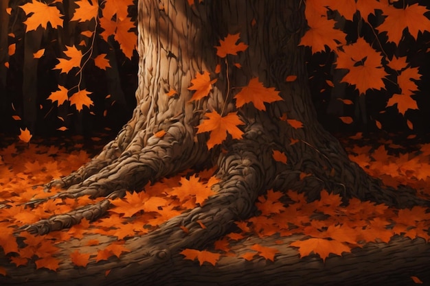 Foto fundo de árvore de bordo desenhado à mão plana com folhas de bordo caindo no outono geradas por ia