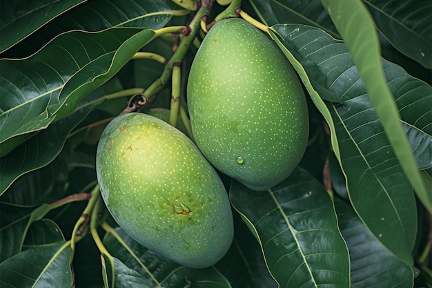 Fundo de árvore de manga Fruto verde jovem pendurado com folhas