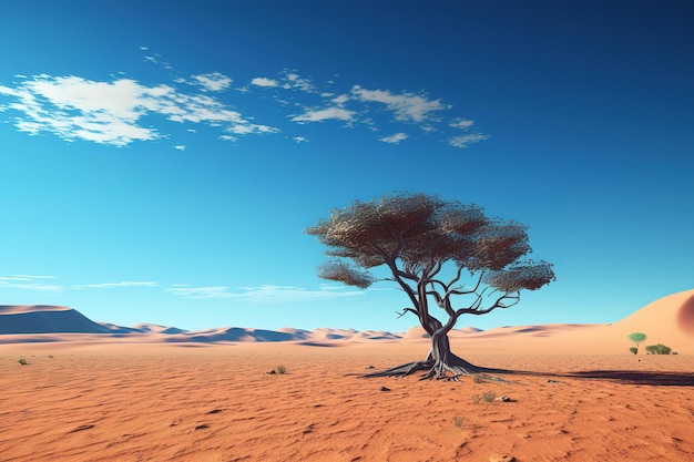 fundo de árvore sob o sol grande árvore de pé na duna em grande deserto sob um céu azul
