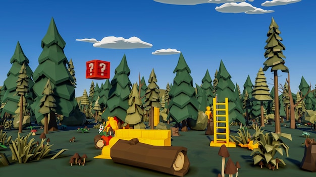 Fundo de baixo polígono de renderização 3D com cenário de floresta de paisagem natural
