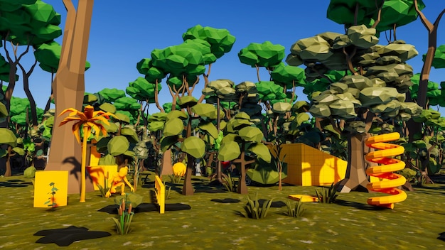Fundo de baixo polígono de renderização 3D com cenário de floresta de paisagem natural