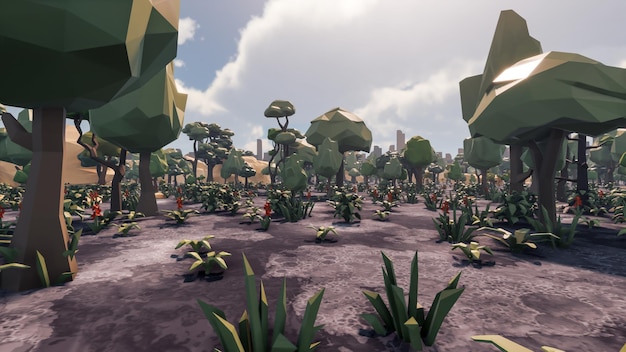 Fundo de baixo polígono de renderização 3D com cenário de paisagem natural e solo queimado e cinzas