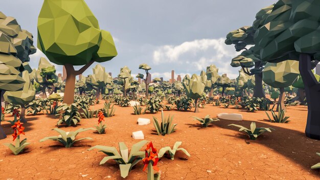Fundo de baixo polígono de renderização 3D com cenário de paisagem natural e solo sujo