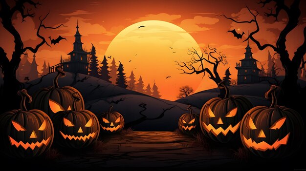 Fundo de banner de Halloween com abóbora de Halloween e cena noturna