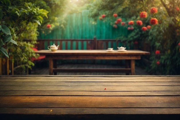 Fundo de banner de jardim de chá de mesa de madeira vazia