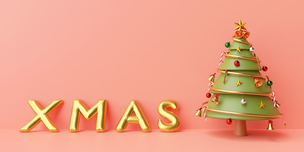 Fundo de banner de Natal, árvore de Natal com balão de Natal dourado em um fundo rosa, renderização em 3d