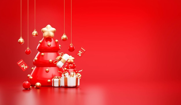 Fundo de banner de venda de natal com caixa de presente e árvore de natal para renderização 3d de colocação de produtos