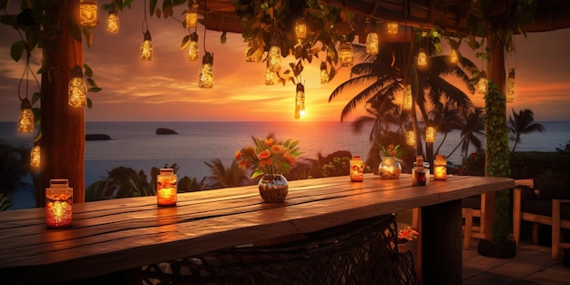 Fundo de barra de praia de pôr do sol de verão Tropical AI generativo Restaurante ao ar livre Luz Led