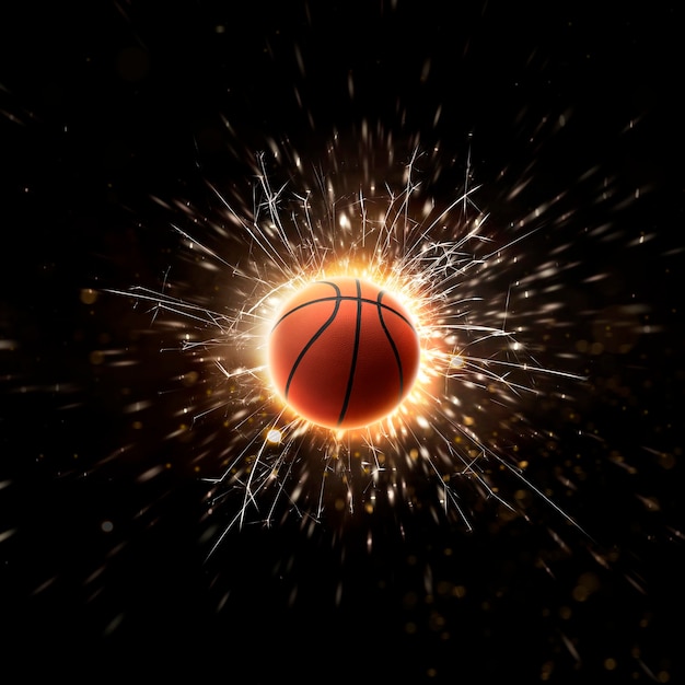 Fundo de basquete de basquete com faíscas de fogo em ação