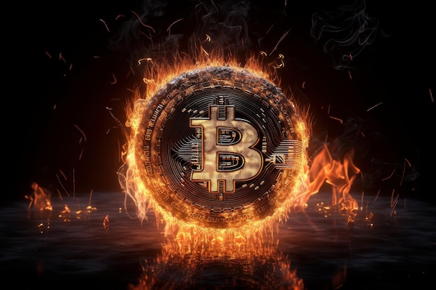 Fundo de bitcoin em chamas Conceito de investimento em moeda criptográfica Generative Ai