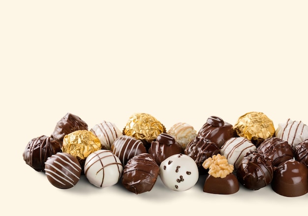 Fundo de bombons de chocolate, close-up