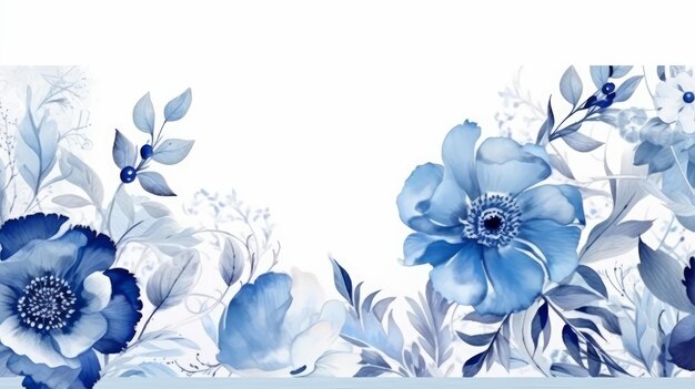 Fundo de borda floral de inverno em azul com aquarela de folha