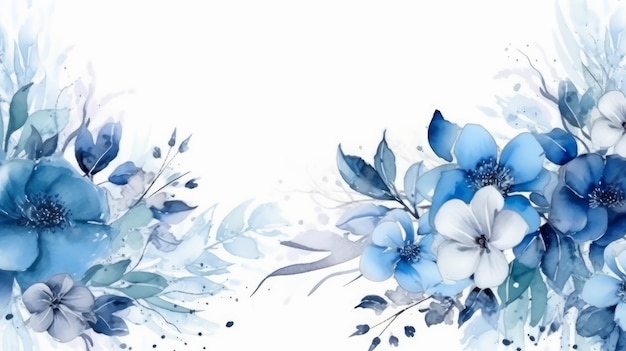 Fundo de borda floral de inverno em azul com aquarela de folha