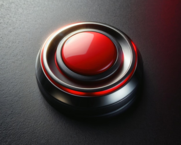 fundo de botão vermelho em borda cromada em superfície de textura preta com desfocamento