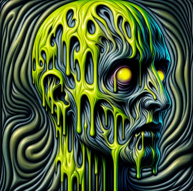 fundo de cabeça masculina com olhos amarelos derretendo em cores verdes e azuis