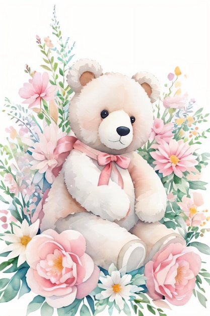Fundo de cartão de felicitações de casamento ou aniversário em aquarela com ursinho de pelúcia