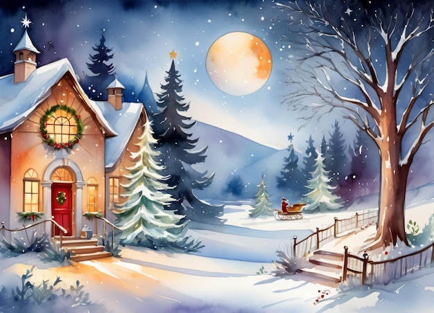 Fundo de cartão de felicitações de ilustração de inverno de Natal em aquarela