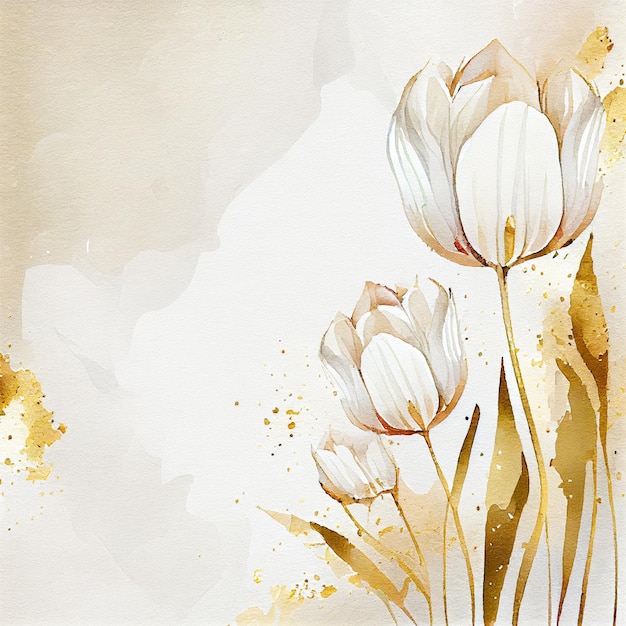 Fundo de cartão de saudação de flores de tulipa branca aquarela com plantas de tulipas Generative AI