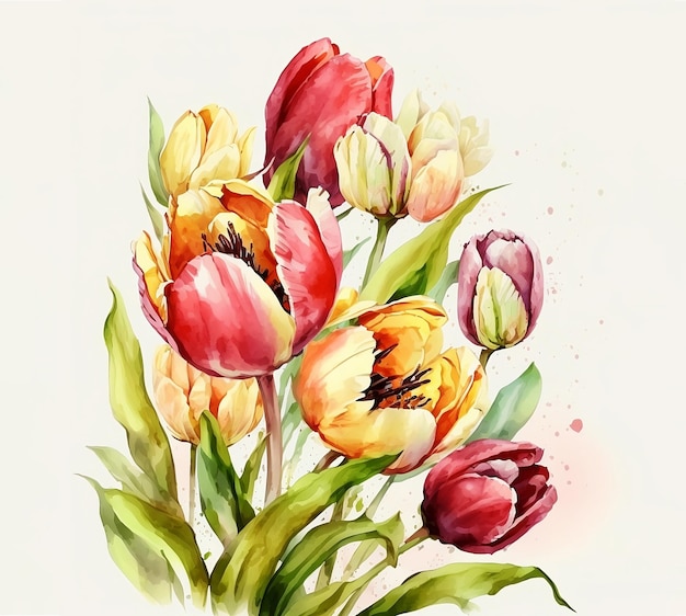 Fundo de cartão de saudação de ilustração realista de flores de tulipa em aquarela
