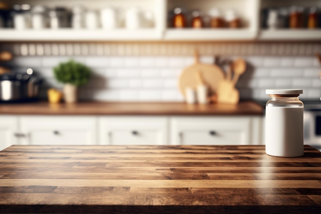 Fundo de casa com uma mesa de madeira e um interior de cozinha felpudo