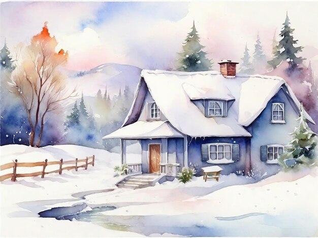 Fundo de casa de inverno em aquarela