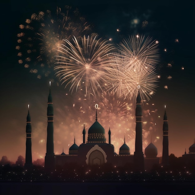 Fundo de celebração com uma mesquita e fogos de artifício no céu noturno Conceito de celebração do Eid