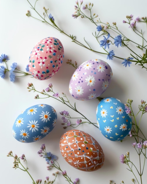 Fundo de celebração da Páscoa com ovos decorados e flores brancas