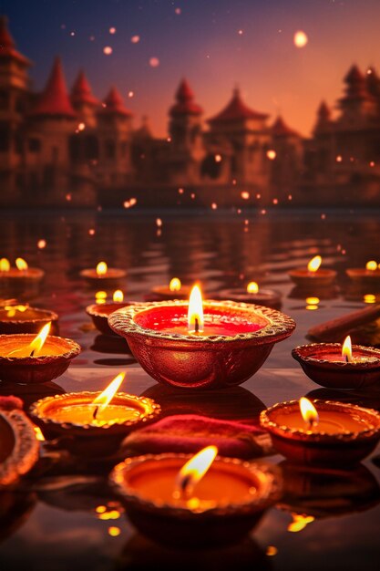 Fundo de celebração de Diwali decorado com lanternas de óleo acesas